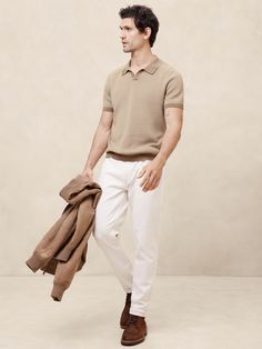 Johnny collar. Short sleeves. Ribbed neck, arm cuffs and hem. Birdseye stitch pattern. Straight hem. Made exclusively for Banana Republic Factory. #486842 Casual Fall Polo Sweater With Fold Down Collar, Beige Collared Cotton Sweater, Casual Beige Polo Sweater For Work, Fall Cotton Polo Sweater With Collar, Cotton Polo Sweater For Fall With Collar, Cotton Polo Sweater For Fall, Spring Collared Sweater With Button Cuffs, Fall Polo Collar Top With Button Cuffs, Casual Polo Sweater With Collar For Fall