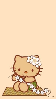 an image of a hello kitty wallpaper with flowers on the top and bottom corner