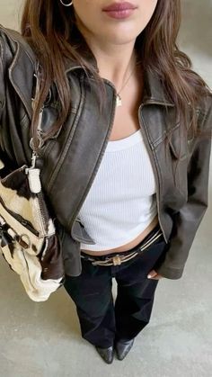 Black Dress Brown Leather Jacket, Styling Black Leather Jacket Women, Fall Outfits Black And White, Outfits With A Brown Top, Black Fur Leather Jacket Outfit, Brown Jackets For Women, White Top Fall Outfit, Jacket Inspo Outfit, What To Wear With Brown Leather Jacket