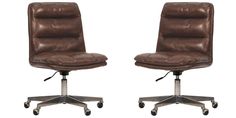 two brown leather office chairs sitting side by side on casteors with wheels and chrome base