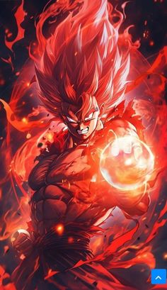 an anime character with red hair holding a ball in his hand and flames around him