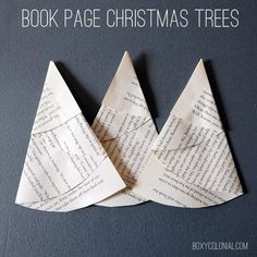 an origami book page christmas tree made out of old newspaper pages with the words'book page christmas trees'written on it