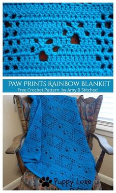 a blue crocheted blanket sitting on top of a chair