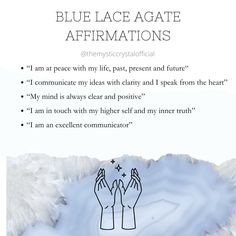 the blue lace agate affirmations flyer is shown with two hands reaching up to each other