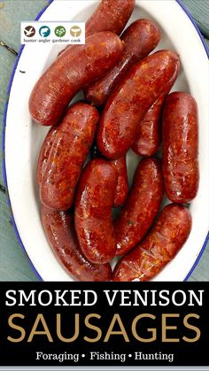 smoked venison sausages in a white bowl