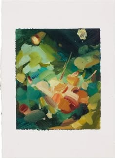 an abstract painting with green, orange and yellow colors on white paper in a square frame