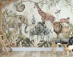 an animal themed wallpaper with zebras, giraffes and other wild animals