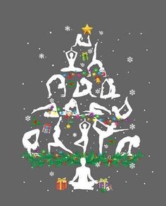 a christmas tree with silhouettes of people doing yoga in front of snowflakes