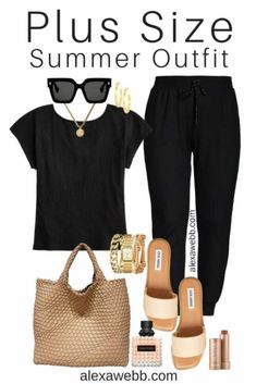 Plus Size Black Joggers Outfit - A casual plus size outfit for running errands and casual outings this summer. Plus size black joggers with a black tee and beige tote bag by Alexa Webb. Summer Outfits Alt, Summer Outfits Amazon, Amazon Summer Outfits, Black Joggers Outfit, Outfits Alt, Alt Summer, Alt Summer Outfits, Summer Outfits Beach, Outfits Amazon