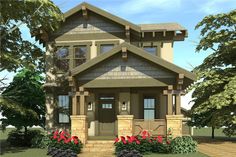 this is an artist's rendering of a two story house with flowers in the front yard