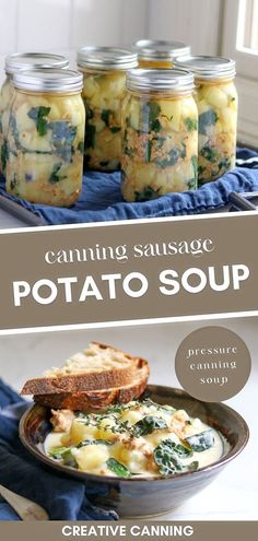 three jars filled with potato soup on top of a table next to bread and vegetables