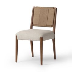 an upholstered chair with a wooden frame and fabric seat pad, viewed from the front