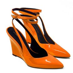 Slingback décolleté with pointed toe in fluo patent leather with adjustable strap and 100mm wedge     Upper: Patent     Interior: Leather     Heel type: Wedge     Leather sole     Fit: regular     Closure: with adjustable strap by buckle    Protective bags    Handcrafted women's footwear 100% Made in Italy Orange Paint, High Wedges, Slingback Pump, Women's Footwear, Made In, Leather Heels, Patent Leather, Adjustable Straps, Ankle Boot