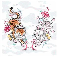 Year Of The Tiger Tattoo, Year Of The Rabbit Tattoo, Tiger And Rabbit, Flash Art Tattoos, Traditional Japanese Tattoo, Tattoo Tiger, Japanese Animals, Sticker Tattoo, Fan Tattoo