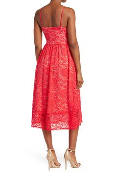 This elegant and feminine midi dress with detailed lace overlay has stretch, making it comfortable to wear all evening long.  45 1/2" length (size S) Adjustable spaghetti straps Zip closure Detailed lace overlay Lined 90% nylon, 10% spandex; lining is 100% polyester Hand wash cold Imported Model stats: 5'10" height, 32" bust, 25" waist, 36" hip. Model is wearing size S. Lace Midi, Lace Midi Dress, Stretch Lace, Lace Overlay, Nordstrom Rack, Spaghetti Strap, Sleeveless Dress, Midi Dress, Nordstrom