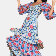 Amazing Ruffled Chiffon, Tiered Dress With Fruit Design. Never Even Tried On Because Of Length. - Center Back Zipper - Sleeves Can Be Worn On Or Off The Shoulder - Lined Fruit Design, Chiffon Ruffle, Tiered Maxi Dress, Tiered Dress, Hutch, Yellow Blue, Blue Yellow, Nice Dresses, Off The Shoulder