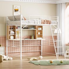 a white bunk bed sitting on top of a wooden floor