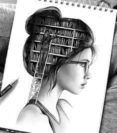 a drawing of a woman's head with bookshelves in the shape of a ladder