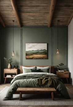 Here are 29 beautiful sage green bedroom ideas: King Bedroom Ideas Small Spaces, Couple Bedroom Ideas Married Modern, Bedroom Interiors, Moody Bedroom, Comfy Bedroom, Brown Bedroom, Green Walls