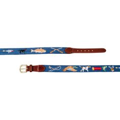 two blue straps with cartoon images on them, one is brown and the other is blue