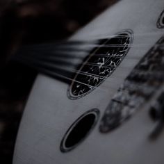 a close up of an acoustic guitar strings and frets with black and white images