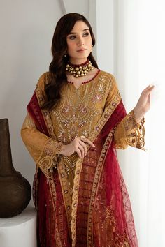 Brand: RamshaCollection: Rangoon Volume 11 Luxury Chiffon CollectionFabric: Chiffon DESIGN DETAILS: Embroidered Chiffon Front With Sequins Embroidered Chiffon Back With Pasting Embroidered Chiffon Sleeves With Pasting Embroidered Organza Sleeves Lace Embroidered Organza Ghera Lace Embroidered Net Dupatta – 2.5 Yard Raw Silk Trouser – 2.5 Yard Embroidered Organza Trouser Lace DISCLAIMER:* Lining, Laces, and Tassels are not included in unstitched variants.* Embellishment items in stitched outfits Pakistani Boutique, Salwar Pants, Pakistani Designer Clothes, Chiffon Sleeves, Alkaram Studio, Organza Sleeves, Chiffon Collection, Embroidered Chiffon, Embroidered Bodice