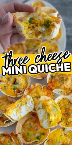 there is a plate with mini quiches on it and the title reads three cheese mini quiches