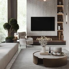 a modern living room with white furniture and a flat screen tv mounted on the wall