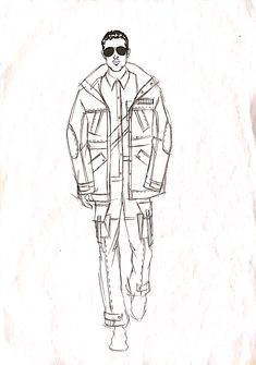 a drawing of a man with sunglasses on his face wearing a jacket and pants, standing in front of a white background