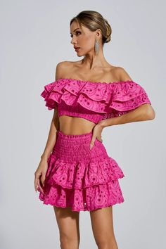 Dorothy Pink Floral Ruffle Off-Shoulder Set Summer Sets With Ruffle Hem And Fitted Design, Summer Sets With Fitted Ruffle Hem, Summer Sets With Ruffled Skirt, Summer Party Sets With Ruffles, Spring Party Sets With Ruffles, Spring Fitted Set With Ruffled Skirt, Fitted Spring Set With Ruffled Skirt, Chic Off-shoulder Spring Sets, Feminine Fitted Sets With Ruffles