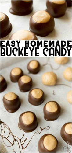 easy homemade buckeye candy recipe with chocolate and peanut butter in the middle on a baking sheet