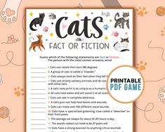 a printable cat fact or fiction game with cats and kittens on the background