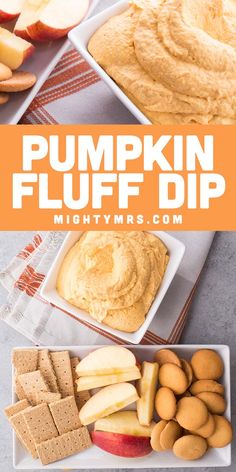 pumpkin fluff dip with apples and crackers on the side is an easy fall appetizer