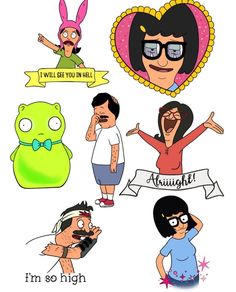 some cartoon characters with different expressions on their faces and words in the middle, including i'm so high