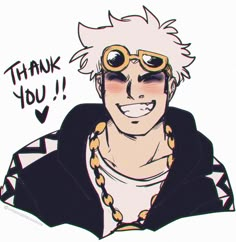 a drawing of a man with glasses and a thank you sign in front of him