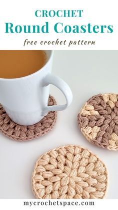 crochet coasters with coffee cup and saucer