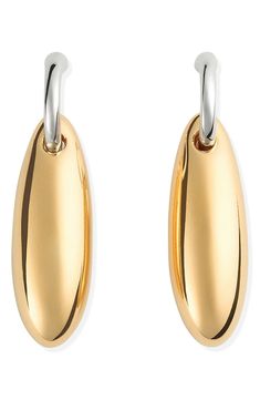 Bottega Veneta plays with the mixed-metal trend in these sculptural earrings featuring a tiny golden hoop that suspends an elongated sterling-silver orb. 1 5/8" drop; 3/8" width Post back 18k-gold plate/sterling silver Made in Italy Polished Yellow Gold Metal Earrings, Polished Yellow Gold Earrings, Yellow Gold Metal Earrings With Shiny Finish, Contemporary Gold Hoop Earring, Modern Yellow Gold Dangle Huggie Earrings, Yellow Gold Earrings With Shiny Finish, Yellow Gold Oval Metal Earrings, Yellow Gold Metal Huggie Earrings With Polished Finish, Gold Dangle Hoop Earrings With Polished Finish