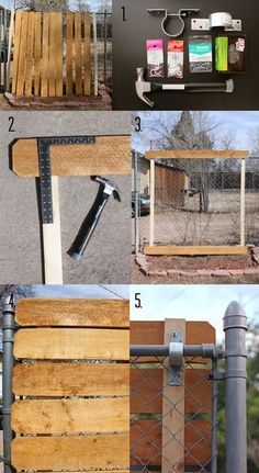 four pictures showing different ways to build a fence with wood slats and metal bars