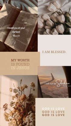 four different images with the words i am loved you at your comforter, my worth is found in jesus and god is love