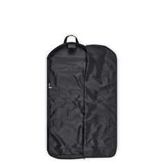 a black garment bag sitting on top of a white wall