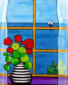 a painting of a vase with flowers and a sailboat in the window sill