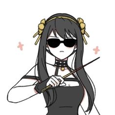 an anime character with long black hair and sunglasses holding a wand in her hand,