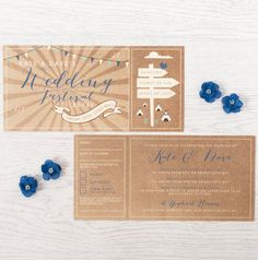 a wedding card with blue flowers on it and an envelope for the couple's names