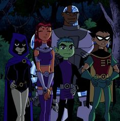 an animated group of people standing in front of some trees and bushes, all dressed up as superheros