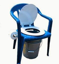 a blue plastic chair with a white toilet and trash can on it's back