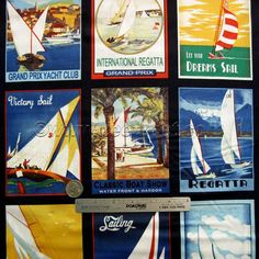 an image of sailboats on the water and palm trees in different colors, from old to new