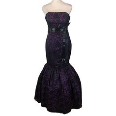 Gorgeous Purple Black Lace Overlay Strapless Prom Dress 8 New Mermaid Fitted Beautiful New Strapless Mermaid/Trumpet Formal Dress. Purple With Black Lace Overlay. Bodycon Trumpets At Hem. Black Satin Ribbon At Waist. Zips Partially Up Back Then Laces Up, Corset Style. Tulle Underskirt At Bottom. Very Well Made. Perfect Condition. Size 6/8. **All Measurements Are Approximate And Done While Laid Flat** Underarm To Underarm 18'' (Somewhat Adjustable With Corset Lace Up) Waist 13.5'' Hips 18'' Lengt Formal Dress Purple, Goth Prom, Orange Lace Dress, Dream Prom Dress, Tulle Underskirt, Mesh Overlay Dress, Strapless Prom Dress, Prom Dress Inspiration, Corset Lace