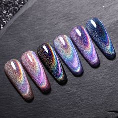 Stunning rainbow magnetic nail art in 8 colours!💅🤩👏 #bornpretty #nails #nailgel #nailgelpolish #nailartaddict #nailart #7mlnailgelpolish #AutumnManicure #bornpretty #supertopcoat #MissBalletSeries #DIYmanicure #blacknails #frenchnails #winternails #nailtips #nailinspo #nailtech #christmas #christmasnails #thermalgel #purplenails #ombrenails #gradientnails #Frenchnails #MissBallet #rainbowmagneticgel Tiger Eye Acrylic Nails, Rainbow Magnetic Nails, Magnet Nail Polish Designs, Magnetic Nails Design, Magnetic Nail Polish Designs, Cats Eye Nails Design Ideas, Cateyes Nails, Hologram Nails, Holographic Nail Designs