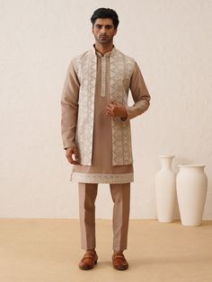 Designer Nehru jacket with Silk kurta pajama for groom & his friends & Family made from the finest fabric will make you feel like a king.you can customize it according to your measurement as the fitting make it more beautiful to wear.indian vest,vest with kurta,eid dress,eid kurta pyjama,diwali kurta pyjama,wedding kurta Festive Bandhgala With Chikankari Embroidery And Stand Collar, Festive Anarkali Nehru Jacket With Chikankari Embroidery, Bandhgala With Chikankari Embroidery For Eid, Eid Bandhgala With Chikankari Embroidery And Stand Collar, Designer Nehru Jacket With Chikankari Embroidery And Stand Collar, Unstitched Nehru Jacket With Chikankari Embroidery For Eid, Anarkali Nehru Jacket With Zari Work For Eid, Resham Embroidered Nehru Jacket For Groom At Diwali, Festive Chikankari Embroidered Set For Groom