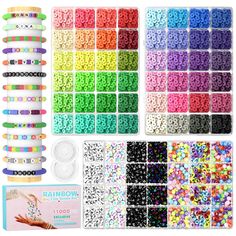 various colors of beads and stickers for making beaded bracelets, with instructions to make